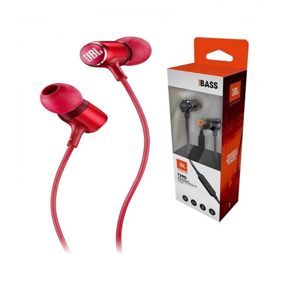 JBL WIRED IN-LINE EARPHONE T290 PURE BASS 3.5MM RED